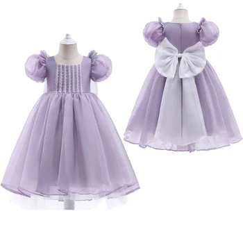 Элегантное сетчатое платье с бантом для девочек, платья для девочек в цветочек, платье для свадебной вечеринки, детская развевающаяся одежда принцессы с пышными рукавами от 3 до 8 лет