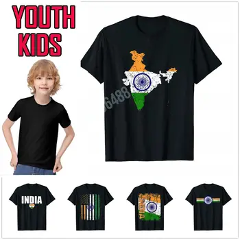 100% Хлопок, Молодежная футболка с изображением индийского флага, карта Индии, Винтажная футболка для детей, топы, футболка для мальчиков и девочек