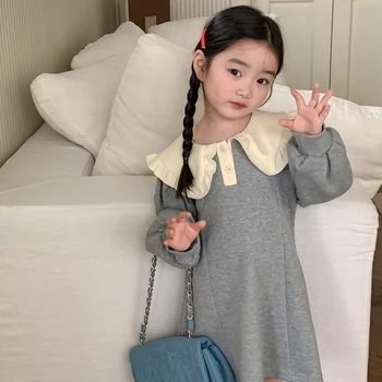 4640C Корейская детская одежда, платье для девочек 2023, весеннее новое платье для девочек, сшитое с контрастным гофрированным воротником, милое платье для девочек