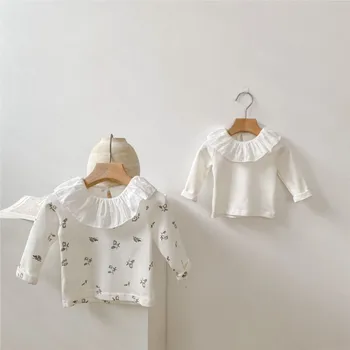 2023 Осенняя блузка для новорожденных девочек, Хлопковый пуловер с длинным рукавом и воротником в виде листьев Лотоса, топы с цветочным принтом, Нижняя рубашка для маленьких девочек