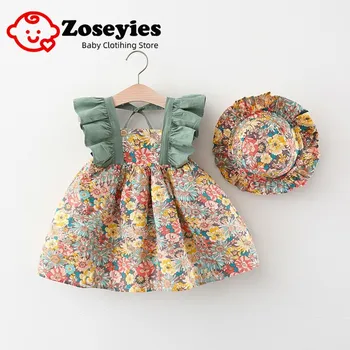 Летнее новое платье для маленьких девочек, милое платье принцессы с развевающимися рукавами и цветочным рисунком, свободная шляпа
