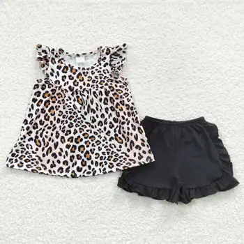 Новые продукты RTS Fancy Kids, шорты с оборками из 2 предметов, комплекты летней одежды для малышей, леопардовые наряды для маленьких девочек