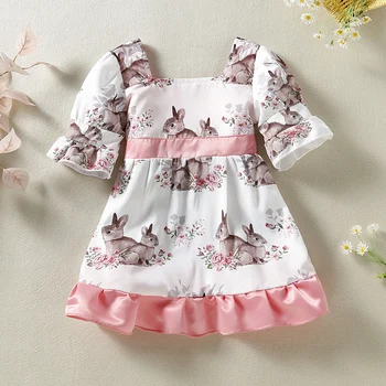 Милые Детские платья принцессы, Повседневное платье с кроликом для маленьких девочек, Детская Хлопковая одежда с цветочным рисунком, коротким рукавом и рюшами для малышей