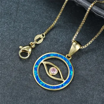 Милое женское ожерелье с круглыми глазами, Белое ожерелье с синим Опалом, Винтажные ожерелья-цепочки Золотого, серебряного цвета для женщин