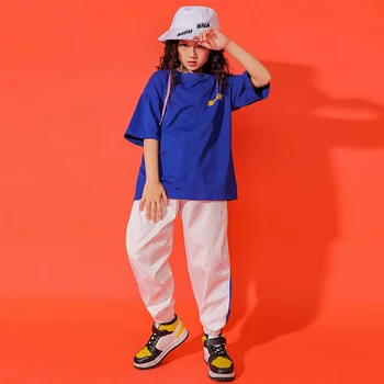 Одежда для девочек от 4 до 16 лет, синяя футболка, топ / белые брюки, детский танцевальный костюм в стиле хип-хоп, повседневная одежда