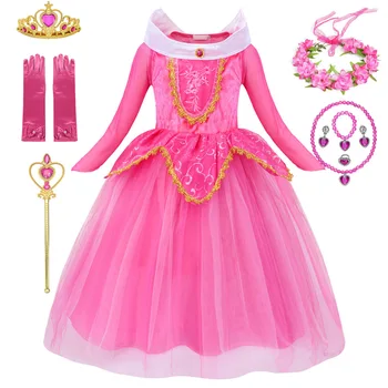 Необычное кружевное платье для девочек, костюм Спящей Красавицы, платье принцессы для девочек на Хэллоуин, бальное платье Авроры, реквизит для вечеринки по случаю Дня рождения ребенка, платье