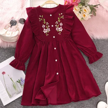 Повседневное детское платье для девочек, осень-весна 2023, новое детское красное платье с пуговицами спереди, длинным рукавом, рюшами и цветочной вышивкой