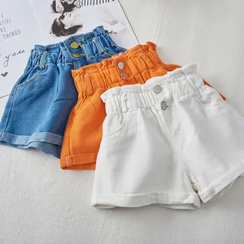 2023 Летние джинсовые шорты для девочек с высокой талией, эластичный подол джинсов для маленьких девочек-подростков, модные сине-белые детские брюки