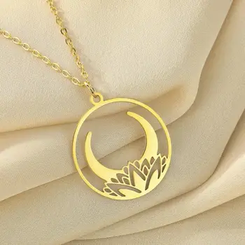 Ожерелье с подвеской LUTAKU Lotus Flower Moon из нержавеющей стали, мужские украшения-амулеты, талисманы, подарки для путешествий