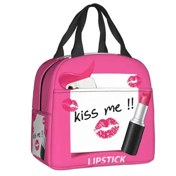 Розовая губная помада Kiss Me, Изолированная сумка для ланча, Косметический лак для ногтей, Термосумка для бенто, Школьные Рабочие сумки для пикника