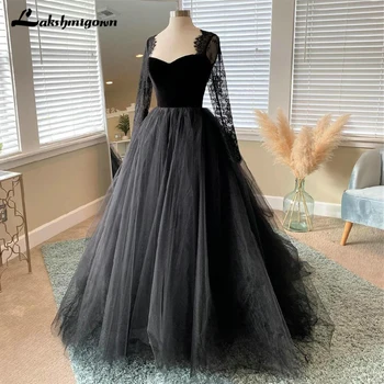 Готическое свадебное платье из тюля с длинными рукавами, кружевные аппликации, черное свадебное платье 2022, многоуровневое свадебное платье в виде сердечка