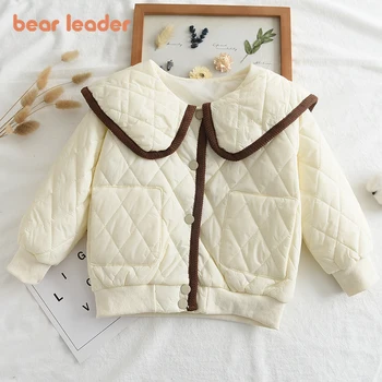 Bear Leader, повседневное пальто для девочек, осень-зима, пальто для корейских девочек, парки с отложным воротником и буквами, Детская хлопковая куртка 2-7 лет