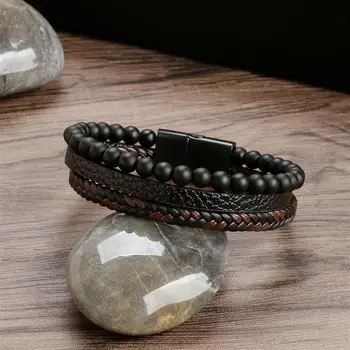 Модный многослойный кожаный браслет из вулканического камня, расшитый бисером, для мужчин, панк-шарм, браслет с магнитной застежкой из нержавеющей стали, мужской подарок