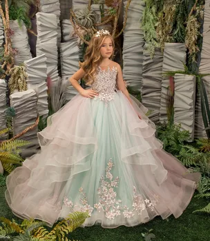 Роскошное платье в цветочек для свадебной вечеринки С аппликацией из органзы и тюля Детское платье на день рождения Платье принцессы для Первого причастия