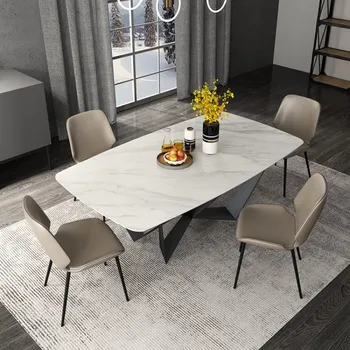 Современный белый обеденный стол с прямоугольной столешницей из спеченного камня, ножками из черной углеродистой стали, рассчитан на 4-6, 71 
