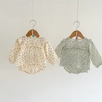Комплект одежды с цветочным рисунком для маленьких девочек, весна-осень, хлопковая дышащая детская рубашка с оборками и кружевом, костюм-шаровары, детская одежда 0-24 м