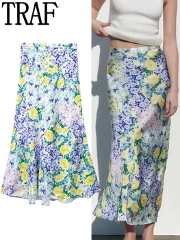 Женская юбка с цветочным рисунком, летняя атласная юбка Миди, женские длинные юбки с высокой талией, Мода 2023, Элегантные женские юбки