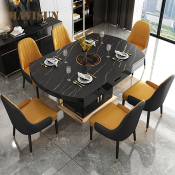 Практичный черно-белый каменный стол, длинный обеденный стол для небольшой гостиной, Набор домашней мебели, 6 стульев, Лофт Внутри