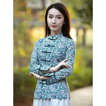 2023 традиционные китайские топы ципао, женский костюм в этническом стиле тан, блузка с цветочным принтом, элегантный восточный чайный сервиз, блузка hanfu