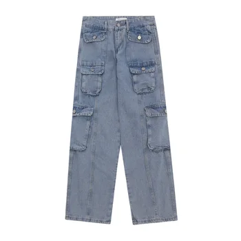 Модные джинсовые брюки-карго в стиле Vibe с множеством карманов Свободного кроя, джинсовые брюки Y2K, мешковатые ковбойские штаны в стиле хип-хоп оверсайз.