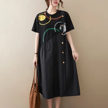 Шикарное платье черной девушки в корейском стиле с буквенным принтом в стиле пэчворк 2023, Новое поступление, Свободное Летнее платье, Модное Женское повседневное платье миди