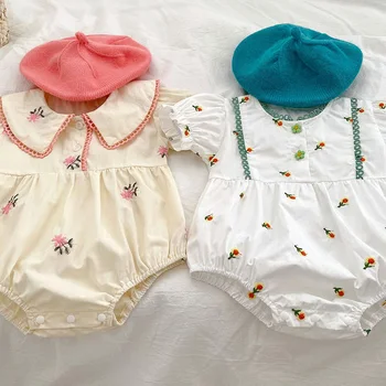Комбинезон Для новорожденных девочек, хлопковый Комбинезон с короткими рукавами и цветочной вышивкой для маленьких девочек, Одежда для маленьких девочек на лето