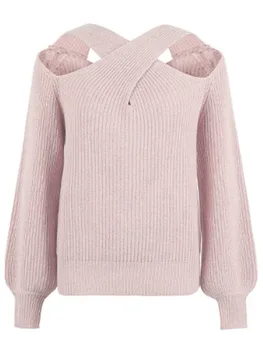 Осень-зима, вязаный свитер с перекрестным вырезом и длинным рукавом с открытыми плечами, женская одежда 2022, Новый модный пуловер, Джемперы, Повседневный трикотаж