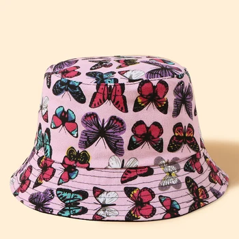 Летняя складная парусиновая кепка-ведро Унисекс, обратимая солнцезащитная кепка рыбака с короткими полями с красочным принтом бабочки