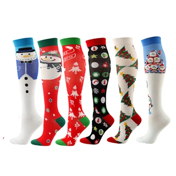 Новейшая рождественская серия компрессионных носков для мужчин и женщин Рождественская серия компрессионных чулок со снеговиком, лосем, елкой Санта-Клауса, рождественским рисунком