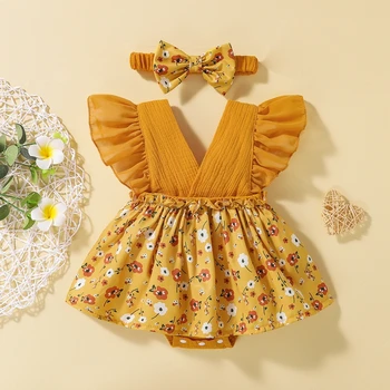 0-24 м, платье-комбинезон для новорожденных девочек, цветочный принт, лоскутные оборки, комбинезон с длинными рукавами, летнее боди с V-образным вырезом и повязкой на голову