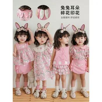 Рубашка из серии Pink Rabbit Flower, топ, юбка, комплект летних шорт, детское платье