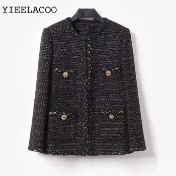 Черное женское пальто из яркого шелка металлик, цельнокроеное осенне-зимнее женское пальто, новое женское пальто с небольшим ароматом