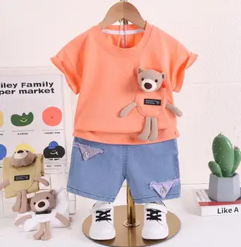 Комплекты одежды для малышей, модные однотонные шорты с короткими рукавами из мультфильмов, комплект из двух предметов, детский костюм