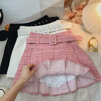Корейская модная клетчатая плиссированная юбка с высокой талией, розовые юбки Kawaii Y2k для женщин, осенние и зимние юбки, повседневная женская одежда
