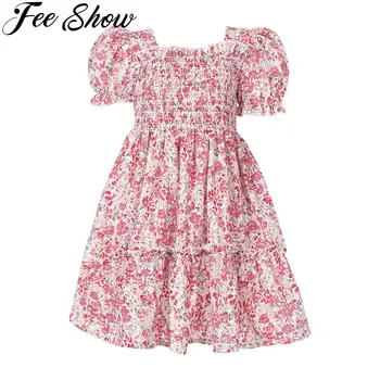 Эластичное платье с цветочным принтом для девочек, Летняя повседневная одежда для маленьких девочек, платья Трапециевидной формы с пышными рукавами и квадратным вырезом, Шифоновые платья с оборками для девочек