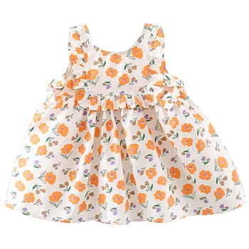 Летнее платье принцессы для новорожденных 2023 года, одежда для маленьких девочек, хлопковые пляжные платья без рукавов с милыми цветами в корейском стиле для детей BC583