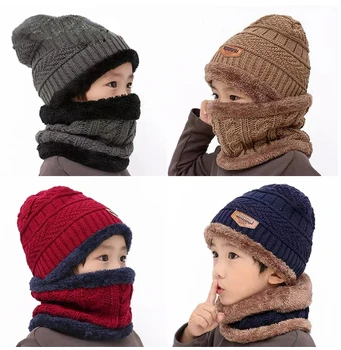 Аксессуары для детей, Осенне-зимний детский вязаный костюм из шапки и перчаток, теплая детская шапочка, шарф, утепленная флисовая подкладка, от 2 до 10 лет