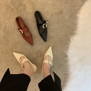 Женская обувь Mary Jane, весна 2023, новый французский стиль, острый носок, мелкий вырез, ретро, туфли на низком каблуке со стразами.
