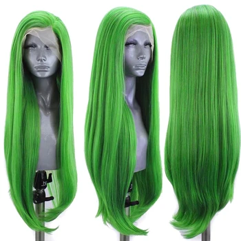 Зеленый цвет, прямой Бесклеевой Парик из синтетических волос на кружеве спереди для чернокожих женщин, высокотемпературное волокно, натуральная линия роста волос, косплей