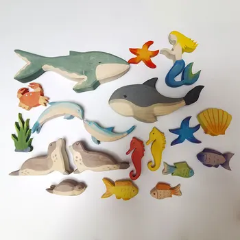 Деревянные фигурки животных, игрушки, обучающие морские животные, игрушки для детей, рыбы-киты, фигурки Русалок, Познавательные игрушки для детей раннего возраста