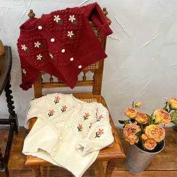 Детские свитера jonmi с оленями, пальто, Новые осенние вязаные кардиганы в корейском стиле с цветочной вышивкой для маленьких девочек, свитера