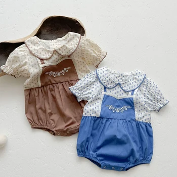Комбинезон для новорожденных девочек из хлопка с короткими рукавами и вышивкой для малышей, Комбинезон для маленьких девочек, Одежда для маленьких девочек на лето