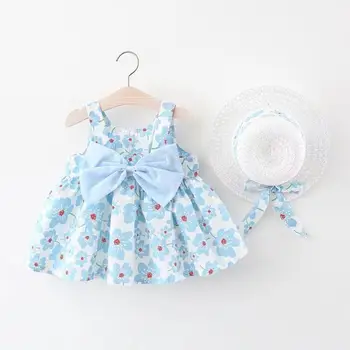 Летняя одежда из 2 предметов, пляжные платья для маленьких девочек, повседневный модный принт, Милое платье принцессы с бантом и цветочным рисунком + шляпа, комплект одежды для новорожденных
