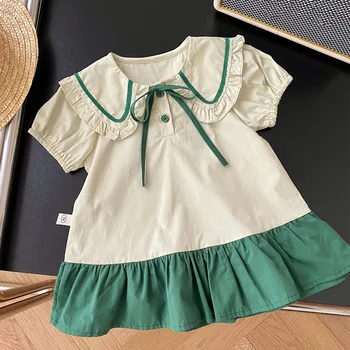Летнее платье принцессы для малышей, Новое поступление 2023 года, хлопковая одежда для маленьких девочек в стиле пэчворк с воротником 